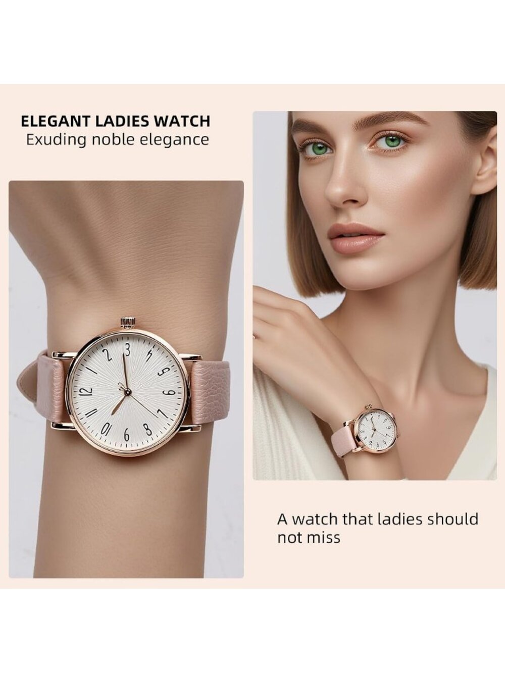 Women's Pink Leather Strap Waterproof Gold Analog Fashion Quartz Wrist Watch